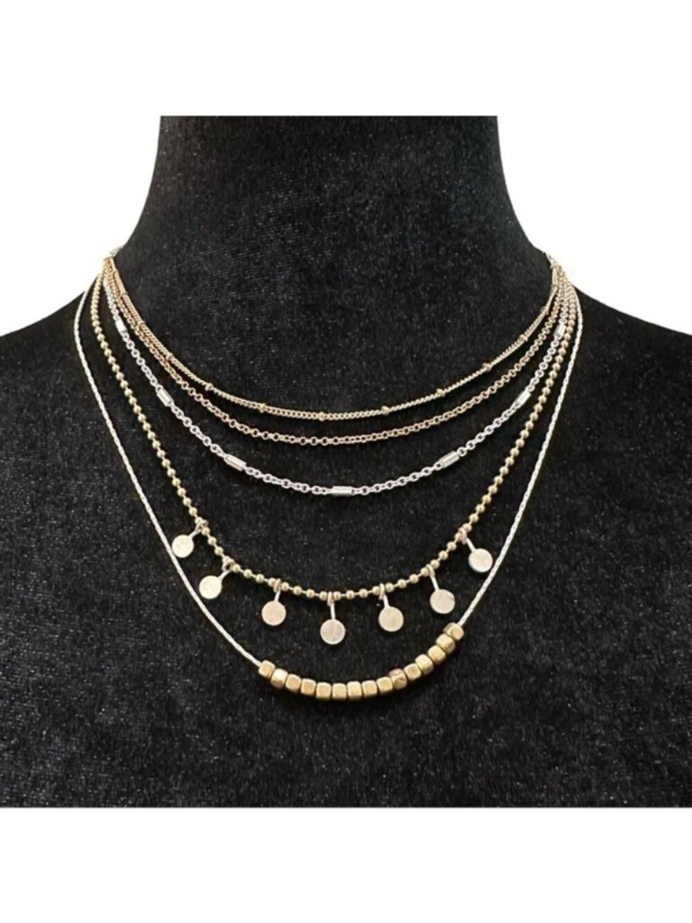 Layered Gold Silver Multi-Strand Necklace With Beads Small Disc Charms